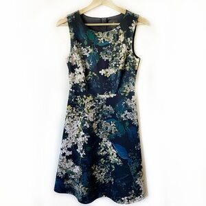 Adrianna Papell Blue Floral A-line Sleeveless Midi Dress
